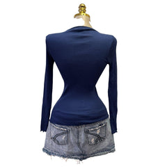 90s Vintage Blue Knit Pattern Neck Top [S]
