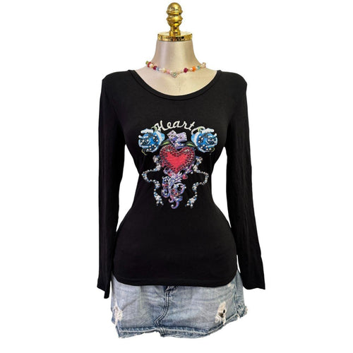 90s Vintage Black Heart Multi-color Sequin Top [L]