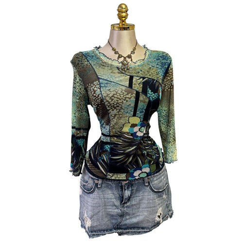 90s Vintage Blue Green Long Sleeve Mesh Sleeves Top  [L]