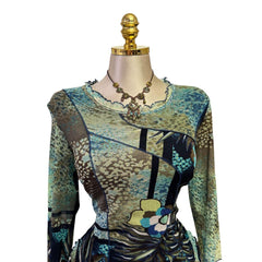 90s Vintage Blue Green Long Sleeve Mesh Sleeves Top  [L]