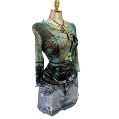 90s Vintage Blue Green Long Sleeve Mesh Sleeves Top  [L]