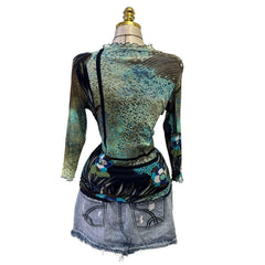 90s Vintage Blue Green Long Sleeve Mesh Sleeves Top  [L]