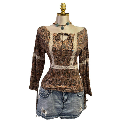 Y2K Vintage Brown Paisley Blue Ivory Lace Boho Off Shoulder Top  [M]
