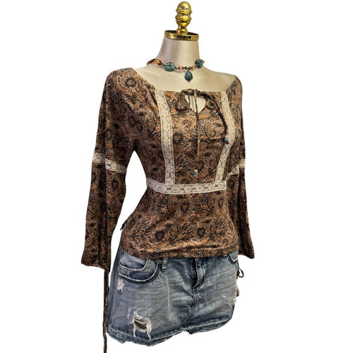Y2K Vintage Brown Paisley Blue Ivory Lace Boho Off Shoulder Top  [M]