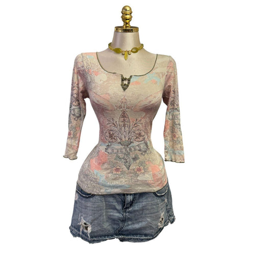 Y2K Vintage Blue Pink Ivory Sequin Fleur-de-lis Top  [M]
