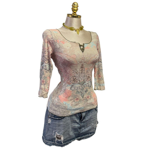 Y2K Vintage Blue Pink Ivory Sequin Fleur-de-lis Top  [M]