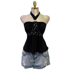 Y2K Vintage Black Silver Studs Halter Top  [M]