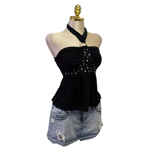 Y2K Vintage Black Silver Studs Halter Top  [M]