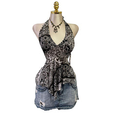 90s Vintage Gray White Artsy Halter Top [M]