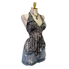 90s Vintage Gray White Artsy Halter Top [M]