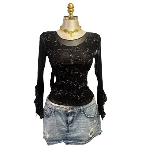 Y2K Vintage Black Mesh Floral Embroidered Long Sleeve Top [M]
