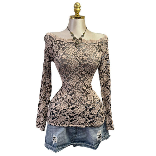 Y2K Vintage Black Beige Floral Lace Sheer Long Sleeve Top  [M]