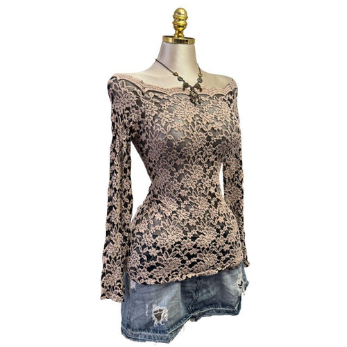 Y2K Vintage Black Beige Floral Lace Sheer Long Sleeve Top  [M]