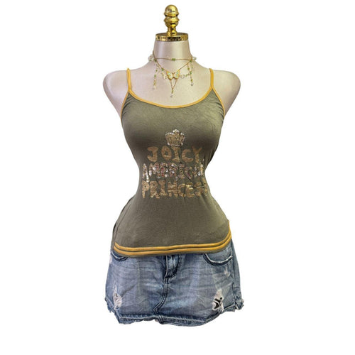 90s Vintage Green Yellow Sequin Glitter "Joicy American Princesy" Top [S]
