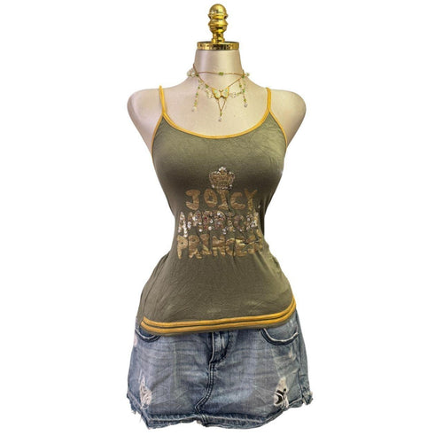 90s Vintage Green Yellow Sequin Glitter "Joicy American Princesy" Top [S]