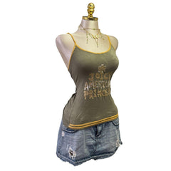 90s Vintage Green Yellow Sequin Glitter "Joicy American Princesy" Top [S]