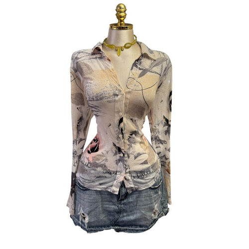 Y2K Vintage White Pink Mesh Artsy "Blue Denim Club" Top  [L]