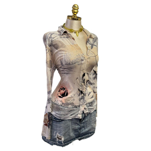 Y2K Vintage White Pink Mesh Artsy "Blue Denim Club" Top  [L]