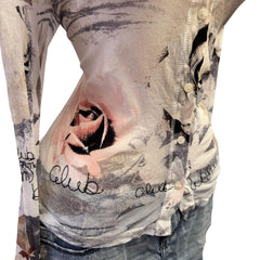 Y2K Vintage White Pink Mesh Artsy "Blue Denim Club" Top  [L]