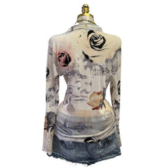 Y2K Vintage White Pink Mesh Artsy "Blue Denim Club" Top  [L]