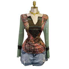 Y2K Vintage Green Red Mesh Paisley Top  [M] [L]