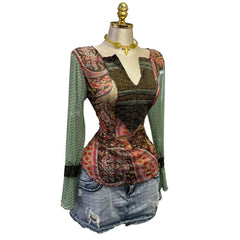 Y2K Vintage Green Red Mesh Paisley Top  [M] [L]