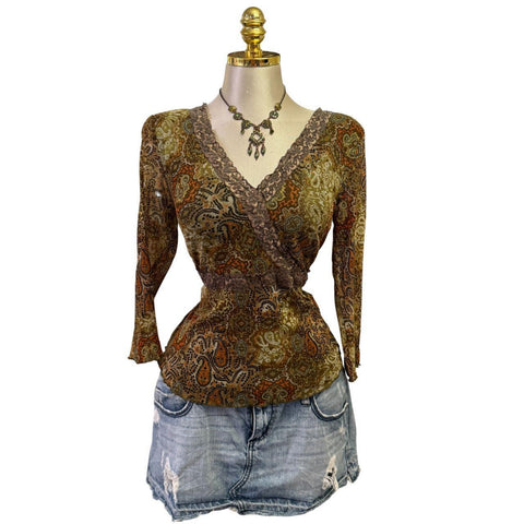 90s Vintage White Mesh W/ Black Red Beige Tie-dye Lining Top  [L]