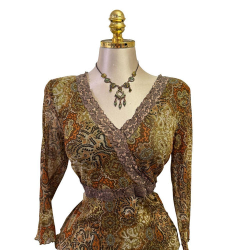 90s Vintage Green Orange Brown Floral Lace Top [L]