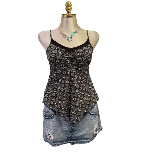 Y2K Vintage Black Blue Brown Boho Floral Lace Top  [M]