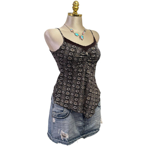 Y2K Vintage Black Blue Brown Boho Floral Lace Top  [M]