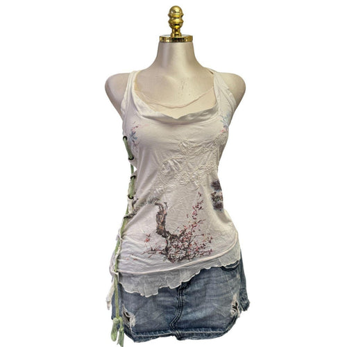 Y2K Vintage White Artsy Embroidered W Rope Side Top [M]