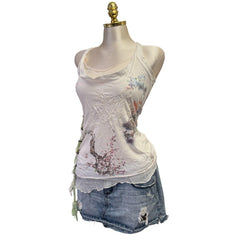 Y2K Vintage White Artsy Embroidered W Rope Side Top [M]