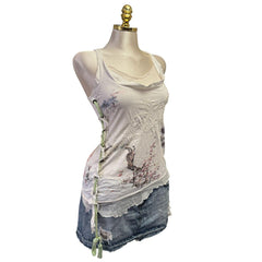 Y2K Vintage White Artsy Embroidered W Rope Side Top [M]