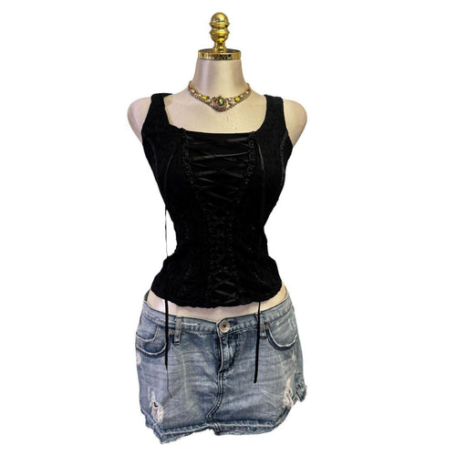 Y2K Vintage Black Floral Satin Lace Up Top [S] [M]