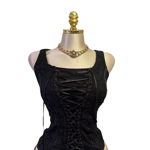Y2K Vintage Black Floral Satin Lace Up Top [S] [M]