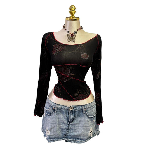 90s Vintage Black Red Floral Mesh Top  [L]