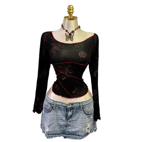 90s Vintage White Mesh W/ Black Red Beige Tie-dye Lining Top  [L]