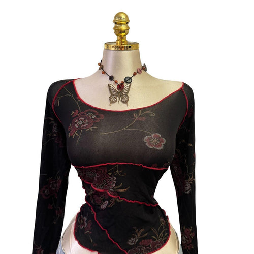 90s Vintage Black Red Floral Mesh Top  [L]