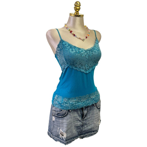 Y2K Vintage Blue Tank Top Floral Lace Sequin Top [M]