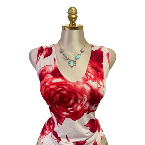 90s Vintage Red White Floral V-neck Top [L]