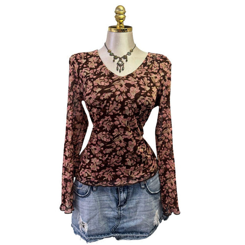 90s Vintage Pink Brown Floral Mesh Top [L]