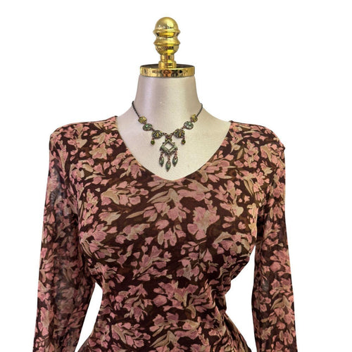 90s Vintage Pink Brown Floral Mesh Top [L]