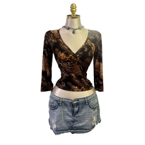Y2K Vintage Brown Black Leopard Paisley Top [M]