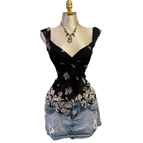 Y2K Vintage Black Gray Pink Mesh Floral Ruffle Top [M]
