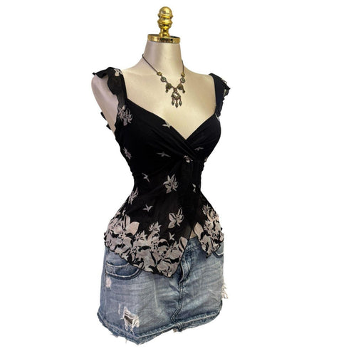 Y2K Vintage Black Gray Pink Mesh Floral Ruffle Top [M]