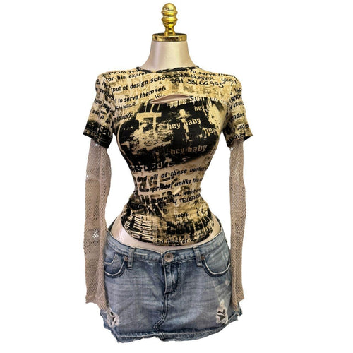 90s Vintage Black Beige Mesh Sleeve Words Made In Italy Top  [XS]