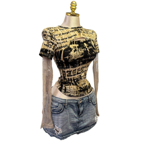 90s Vintage Black Beige Mesh Sleeve Words Made In Italy Top  [XS]