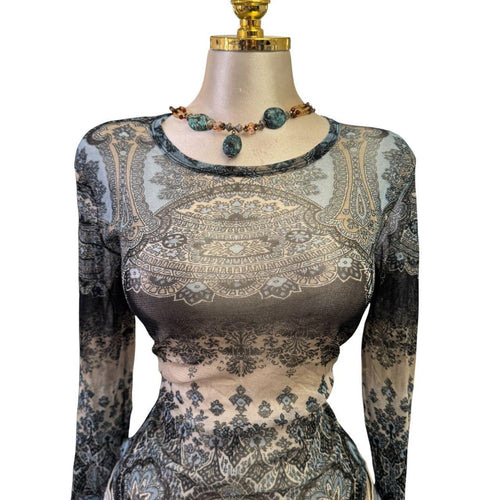 Y2K Vintage Black Blue Ivory Paisley Top [M]