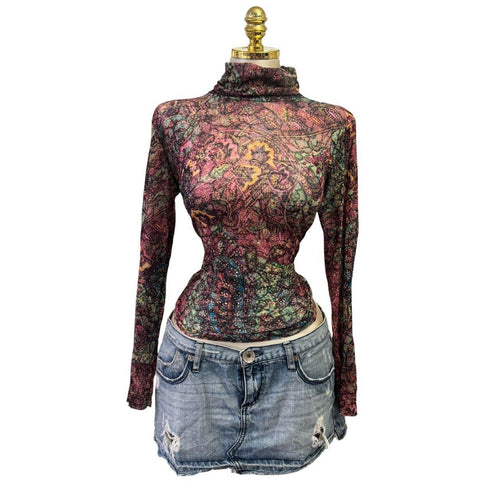 Y2K Vintage Green Pink Graphic Print Turtleneck Mesh Top [M]