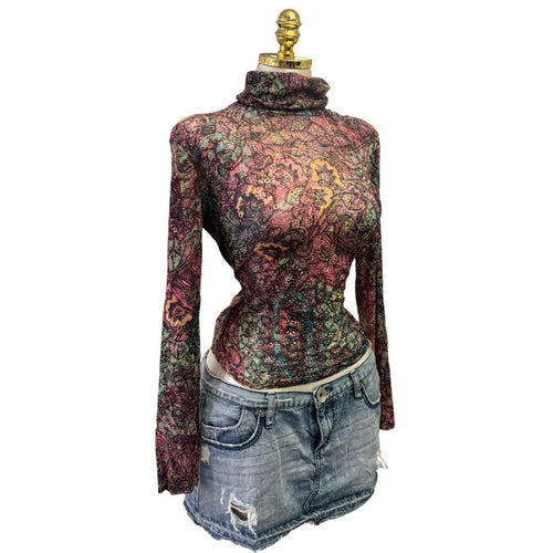 Y2K Vintage Green Pink Graphic Print Turtleneck Mesh Top [M]
